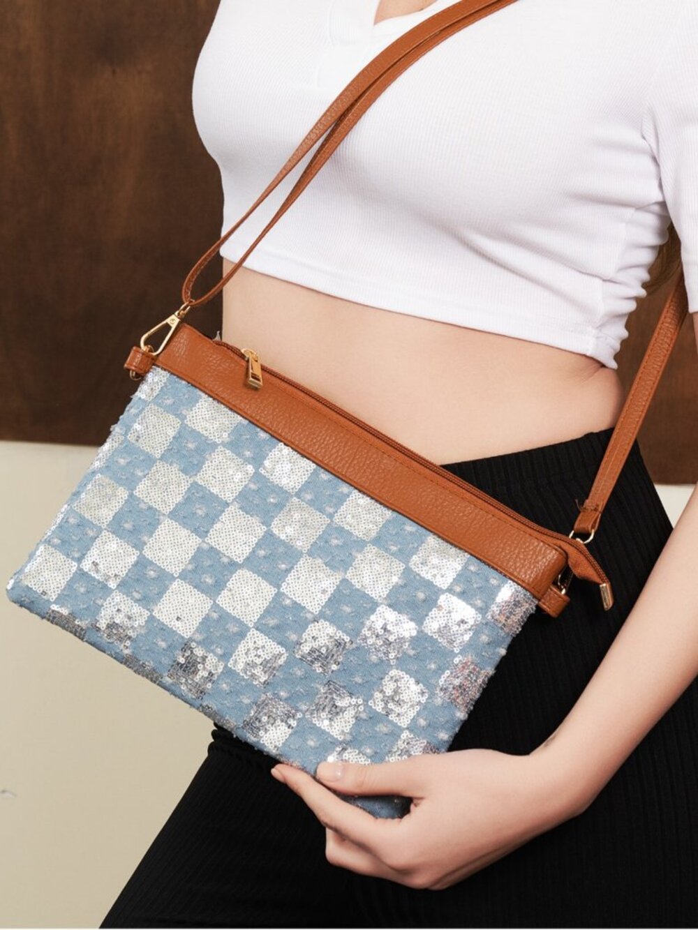 Denim Sequin Plaid Crossbody Bag Removable Strap